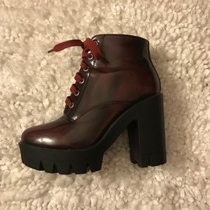 Burgundy High Heeled Patent Leather Combat Boots
